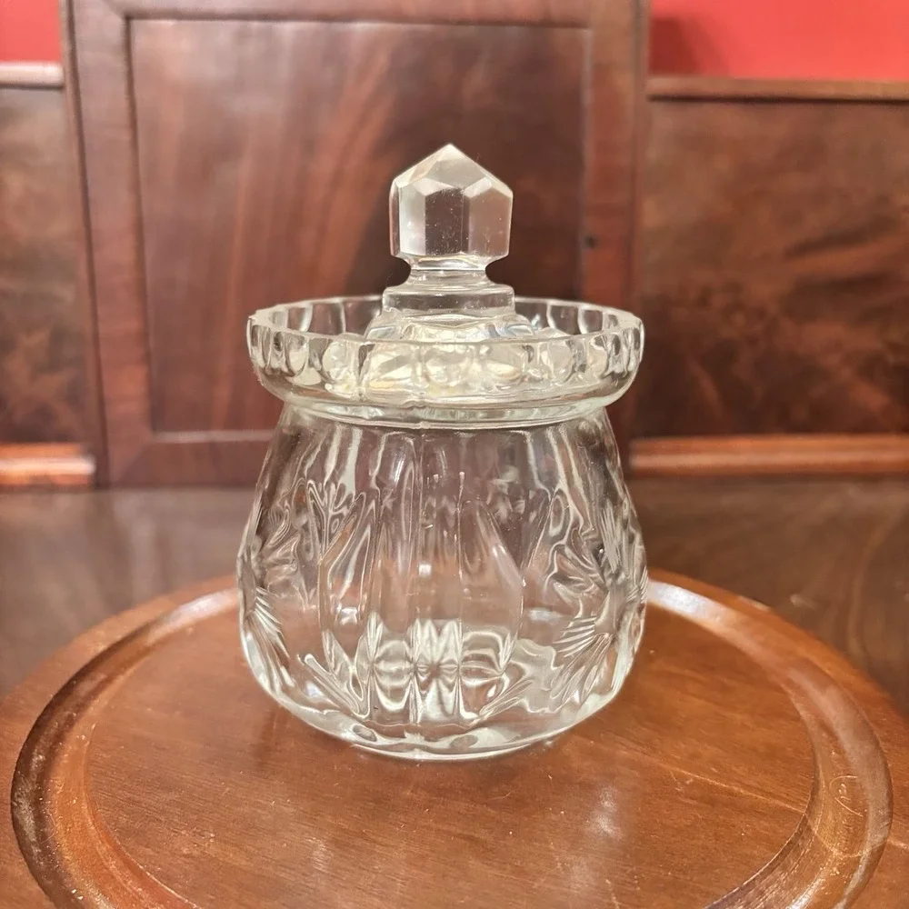 Vintage Clear Pressed Glass Mustard Condiment Jar Floral Starburst